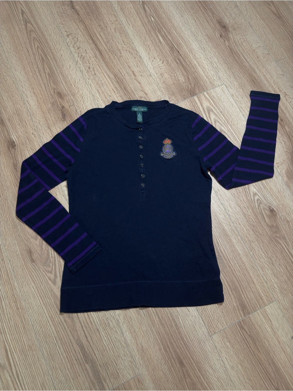 Ralph Lauren Navy Crewneck with Purple Striped Sleeves and Crest